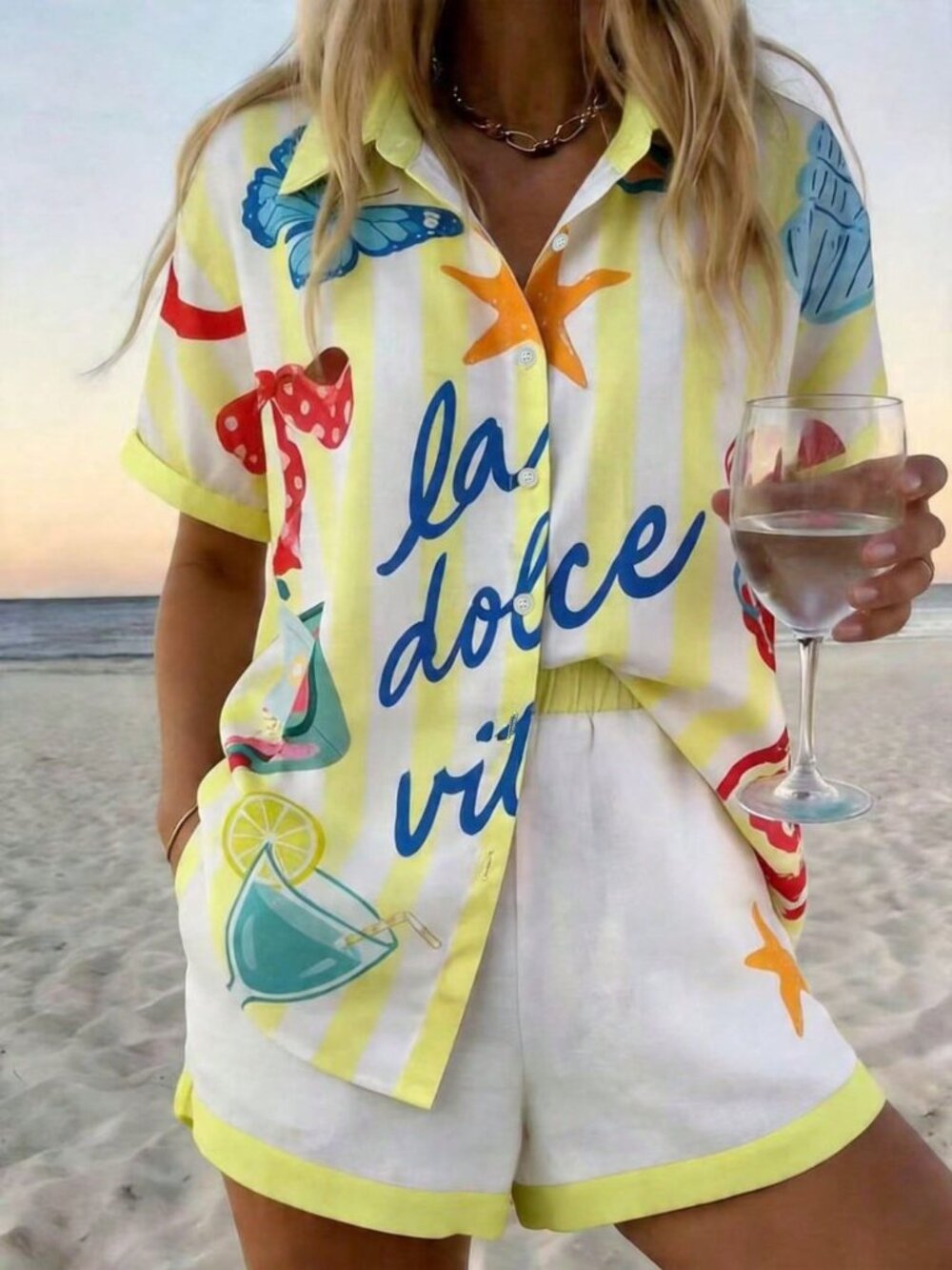Light Yellow Casual Women's Vacation Striped Shirt And Shorts Set - Picture 5 of 5